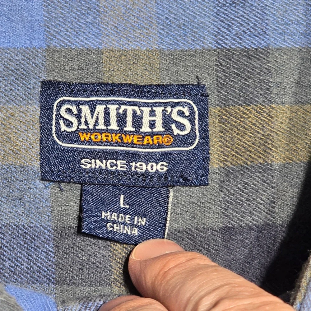 Smiths Workwear Mens Large‎ Flannel Shirt Blue Olive Green Plaid Long Sleeve L